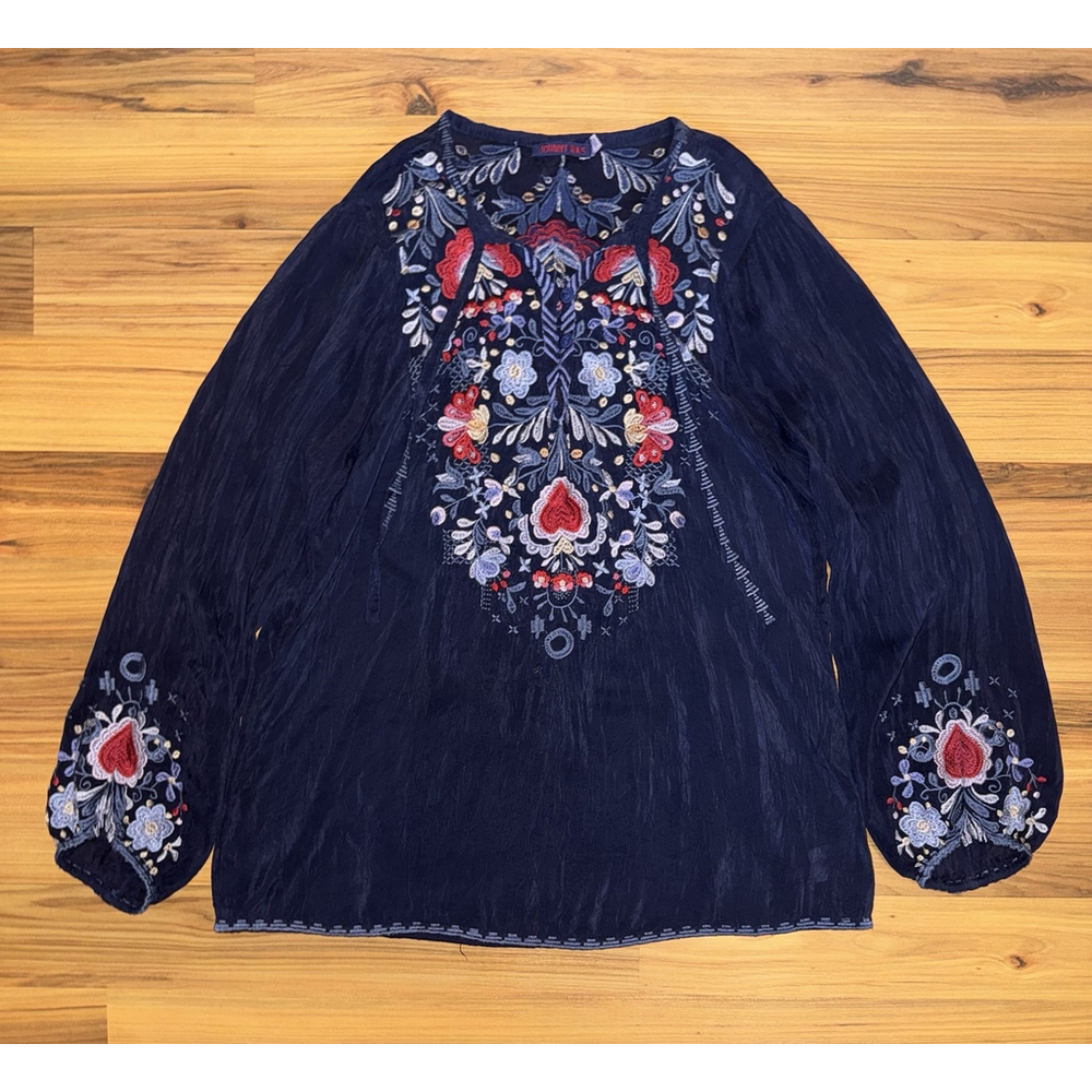 Johnny Was Embroidered Boho Blouse Navy Floral Folk Peasant Festival Top Medium